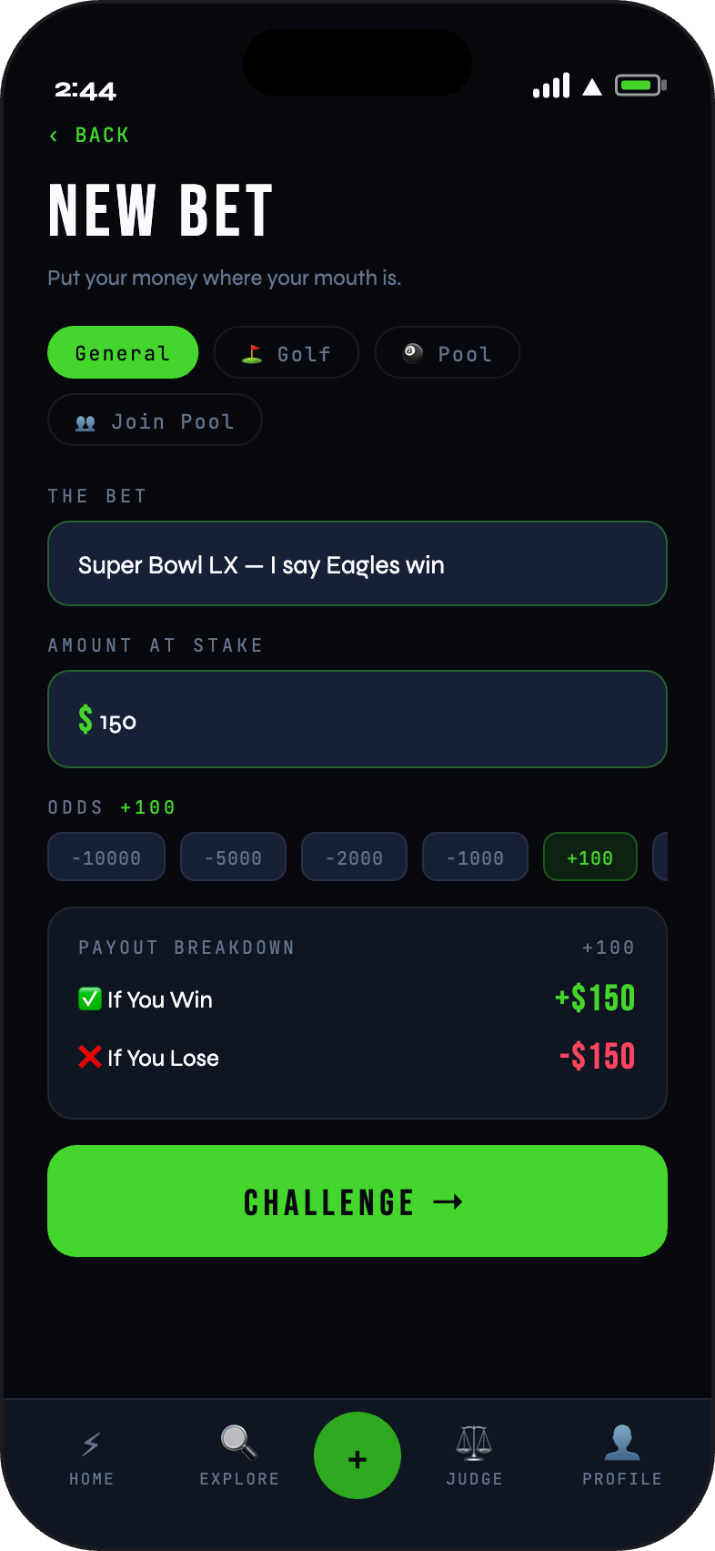 FinalCall New Bet screen