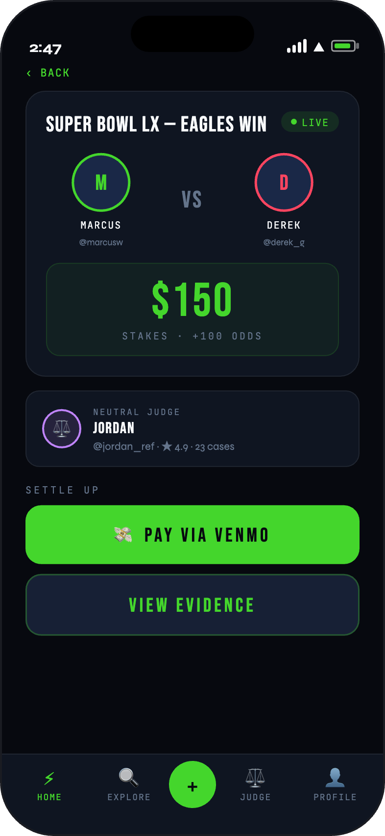 FinalCall Wager Detail screen